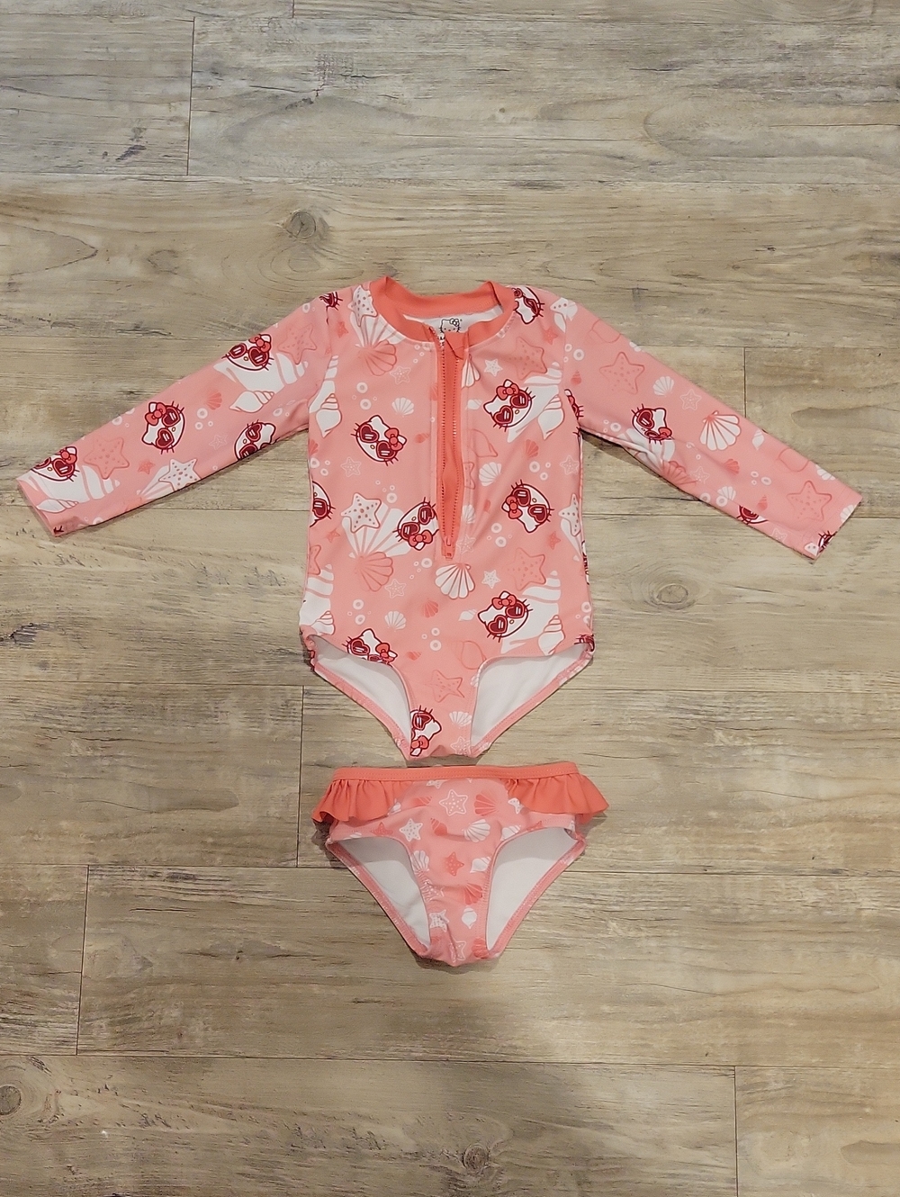 Hello Kitty Coral Pink Long Sleeve Rash Guard Bikini Set